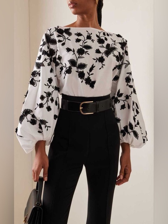 Carolina Herrera Tops - Carolina Herrera 3-D embroidered White Black Floral Cotton Puff Sleeve Top 10